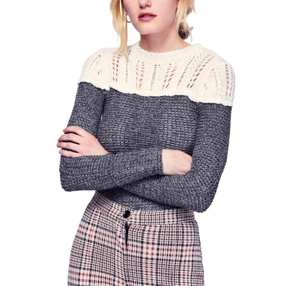 Free People Grey & White Crochet Lace Neck Knit Sweater